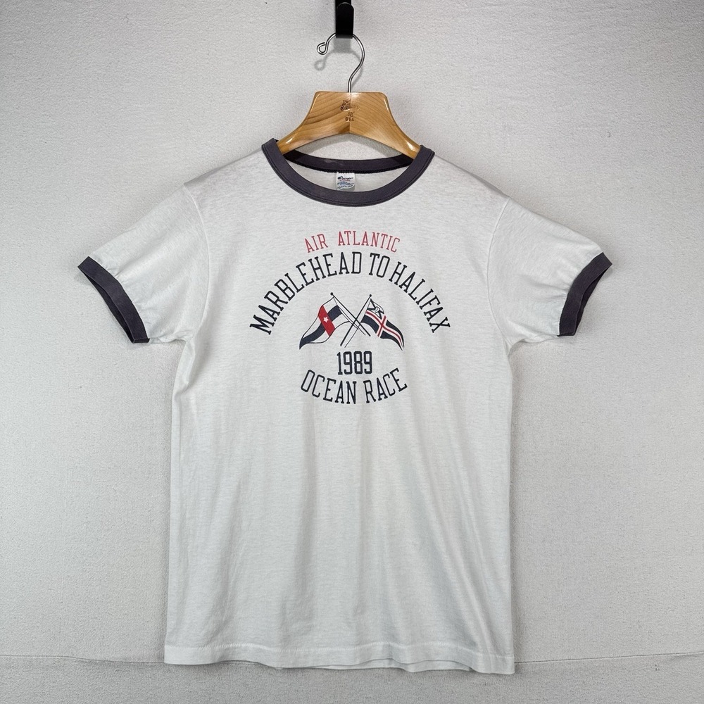 80's Vtg Champion 1989 Marblehead To Halifax Ocean Race Ringer Tee White Large